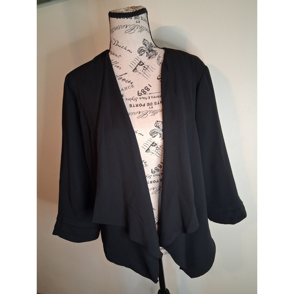 Love & Legend Womens 1X Black Open Front Waterfall Blazer 3/4 Pleated Sleeve